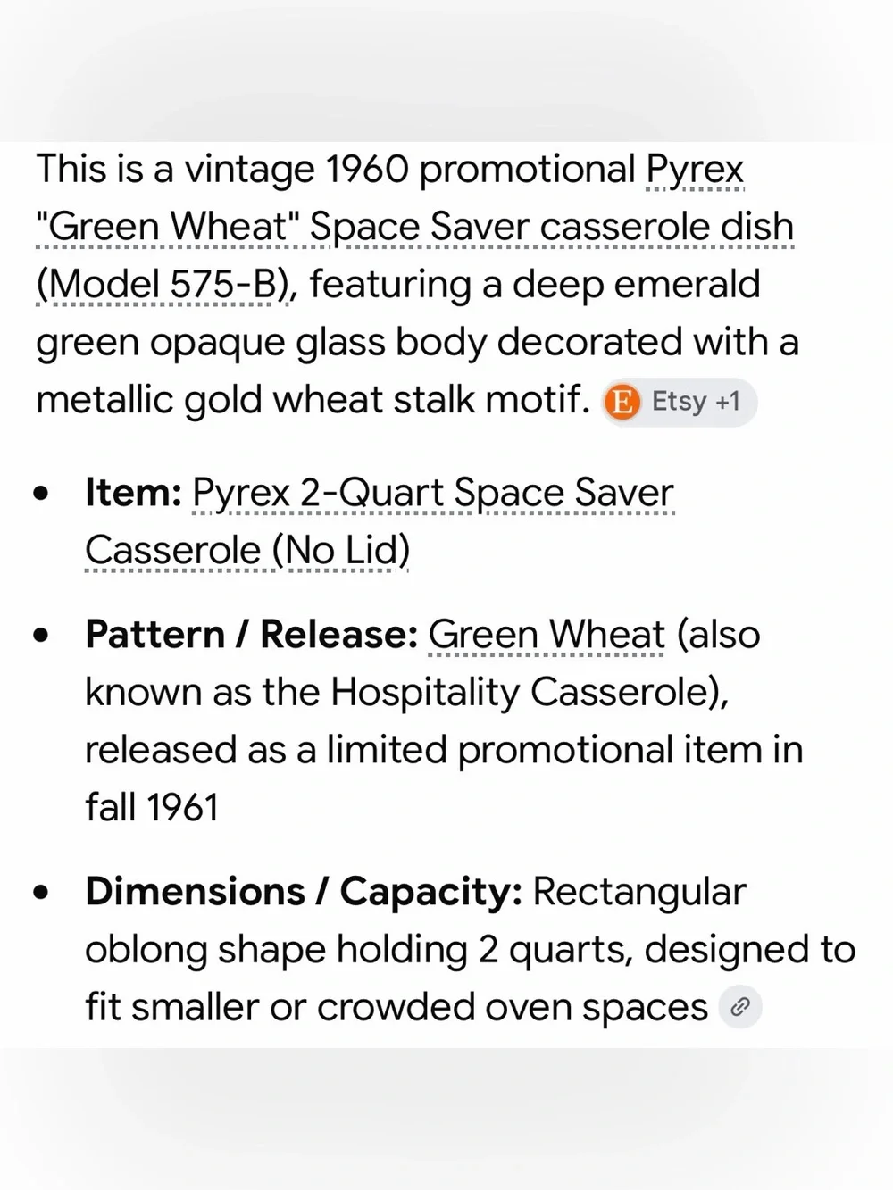 RARE Vintage Pyrex 1960 Green Wheat  casserole space Saver Dish 575-B
